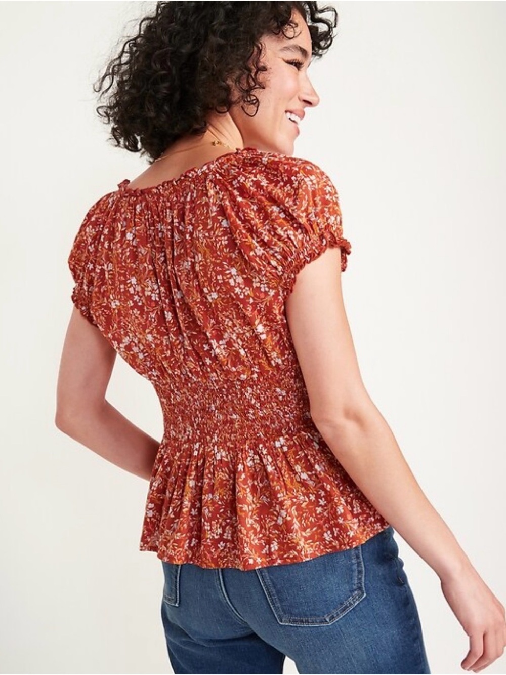Old Navy Rust Floral Smocked Peplum Top